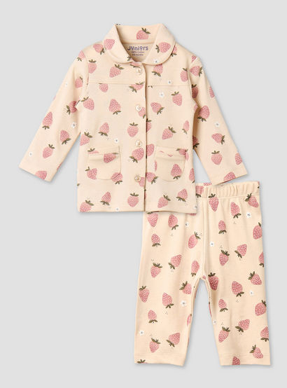 Juniors Cotton Collared Long Sleeves Pyjama Set with Strawberry Print-baby-girls-clothing-nightwear-pyjamasets-image-2