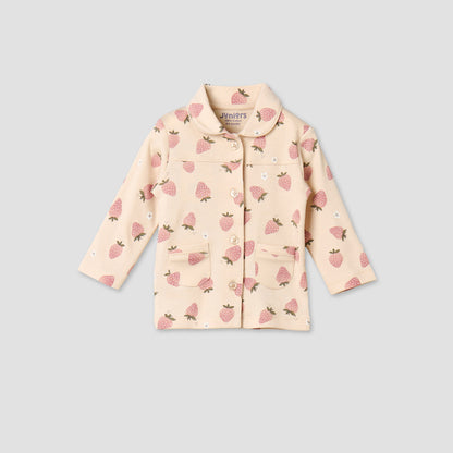 Juniors Cotton Collared Long Sleeves Pyjama Set with Strawberry Print