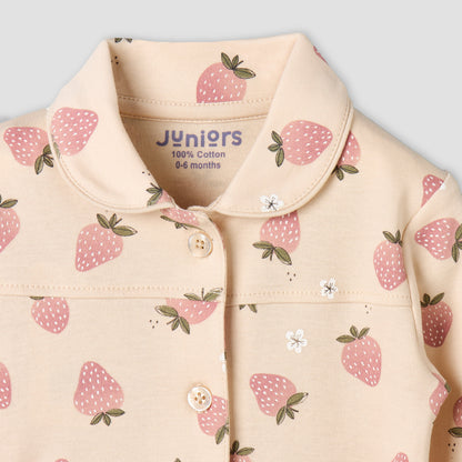 Juniors Cotton Collared Long Sleeves Pyjama Set with Strawberry Print