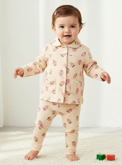 Juniors Cotton Collared Long Sleeves Pyjama Set with Strawberry Print-baby-girls-clothing-nightwear-pyjamasets-image-1