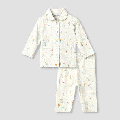 Juniors Cotton Collared Long Sleeves Pyjama Set with Duck Print