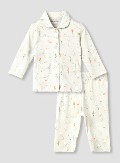 Juniors Cotton Collared Long Sleeves Pyjama Set with Duck Print-baby-girls-clothing-nightwear-pyjamasets-image-1