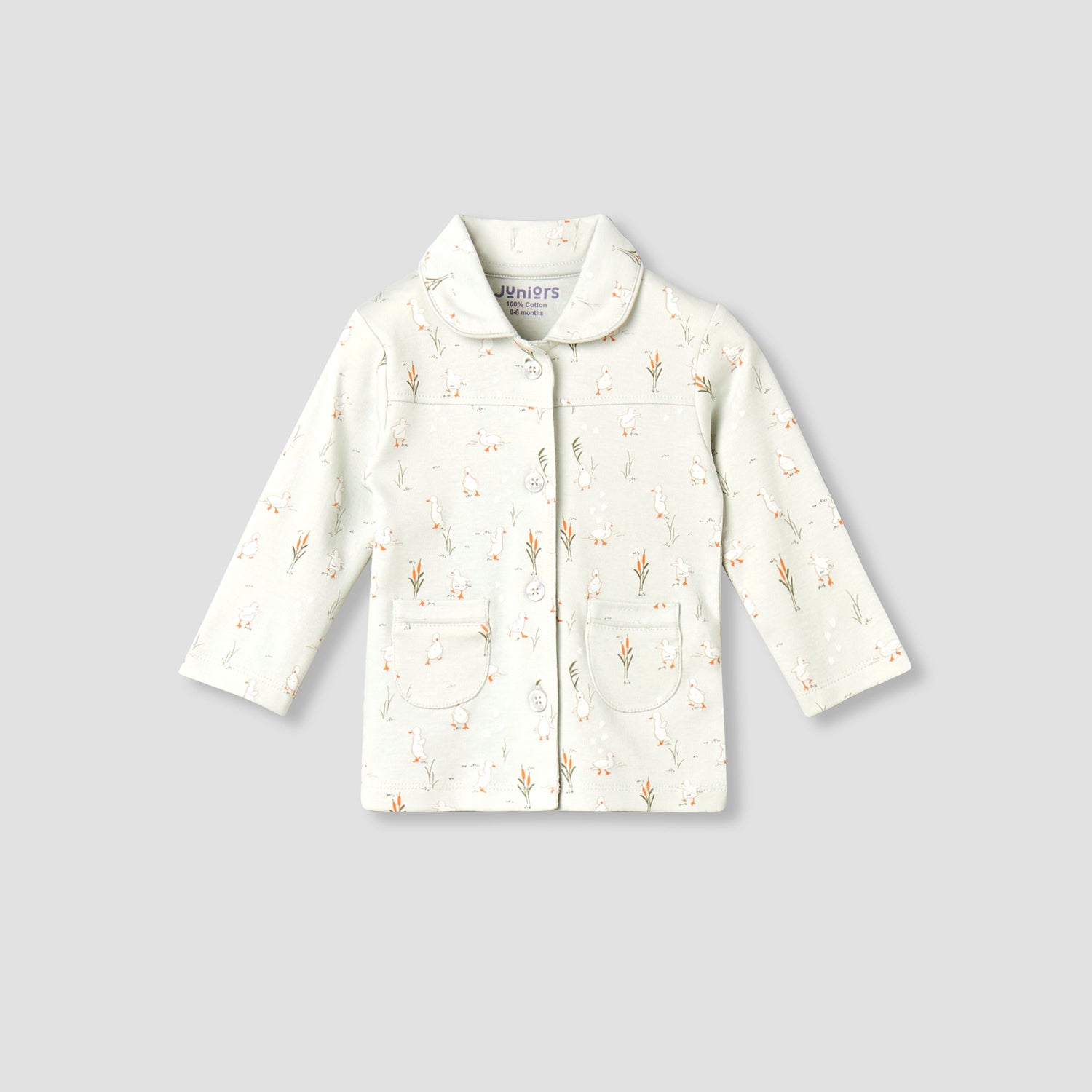 Juniors Cotton Collared Long Sleeves Pyjama Set with Duck Print