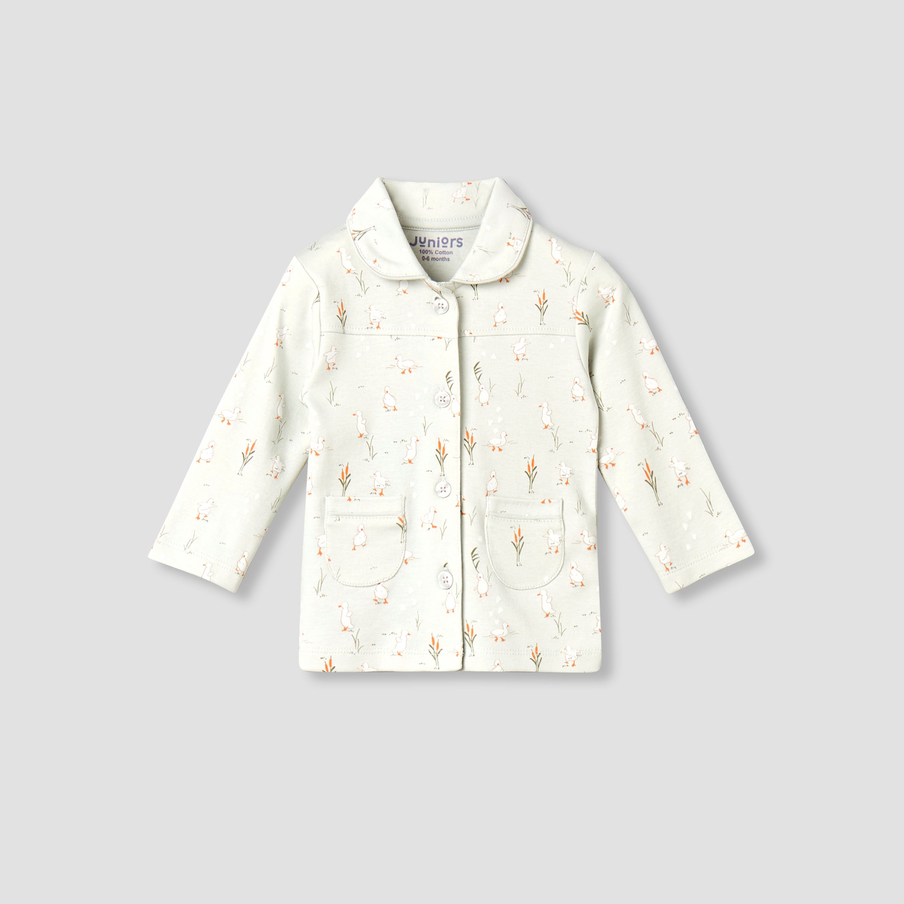 Juniors Cotton Collared Long Sleeves Pyjama Set with Duck Print