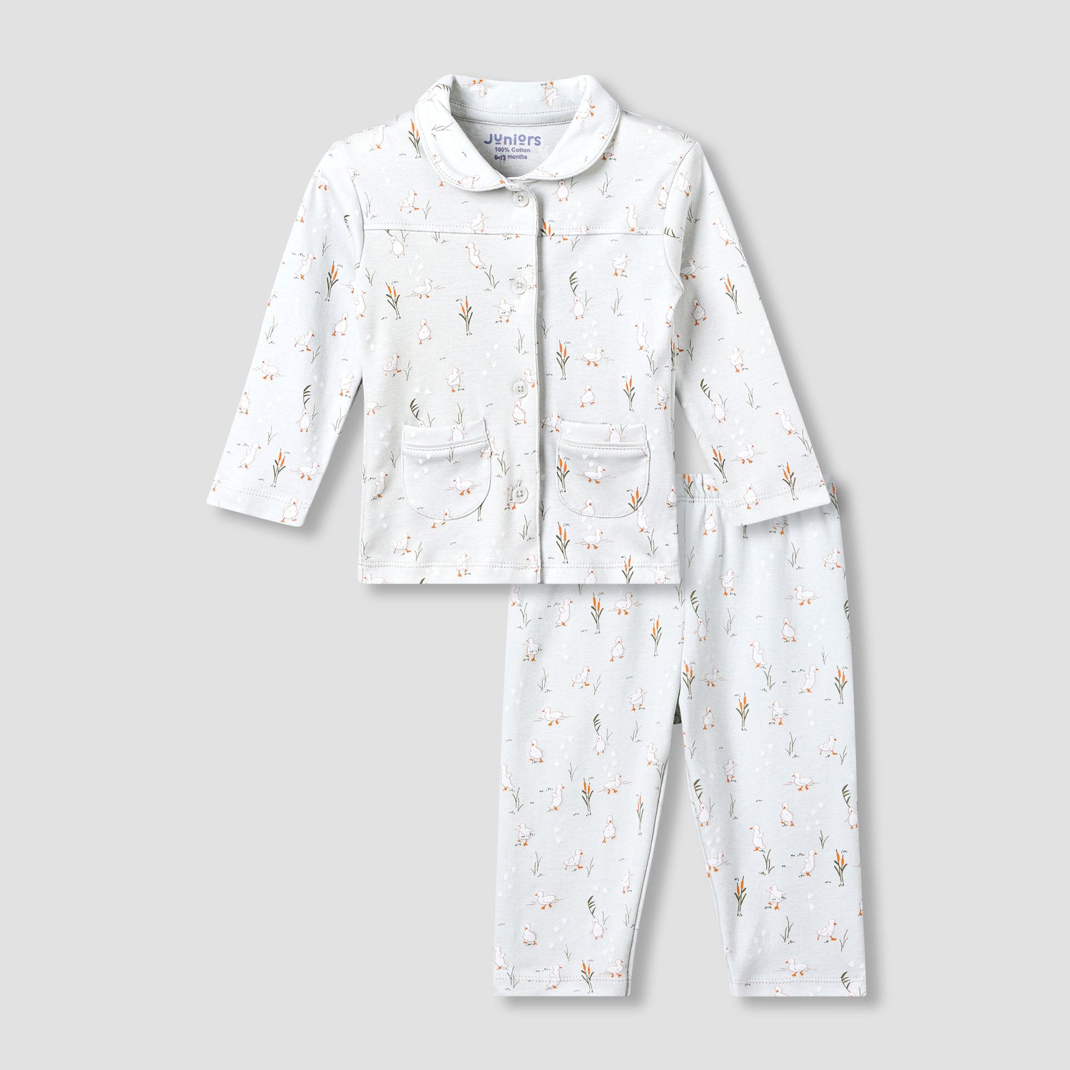 Juniors Cotton Collared Long Sleeves Pyjama Set with Duck Print - Yellow / 0-6 mths