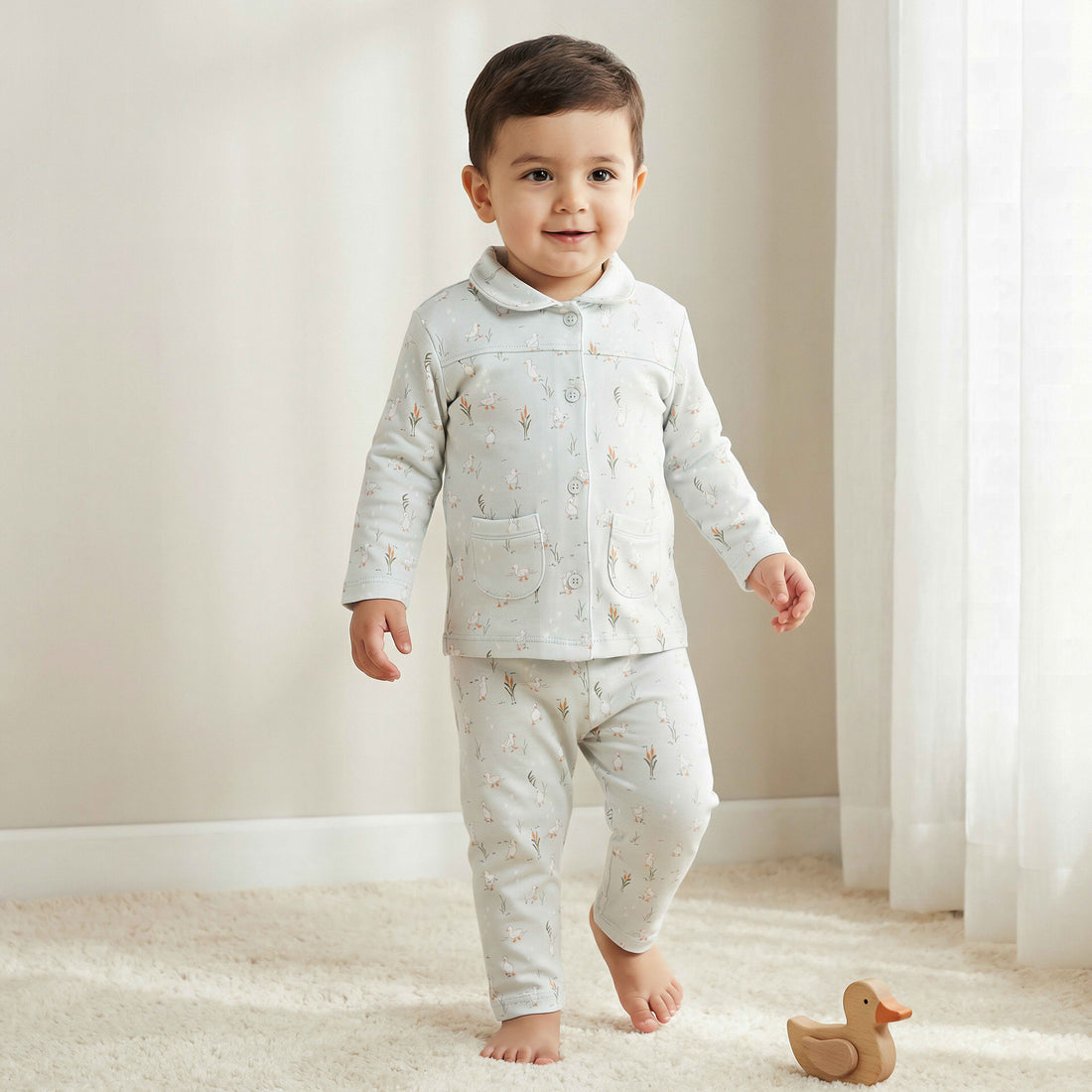 Juniors Cotton Collared Long Sleeves Pyjama Set with Duck Print - Blue / 18-24 mths