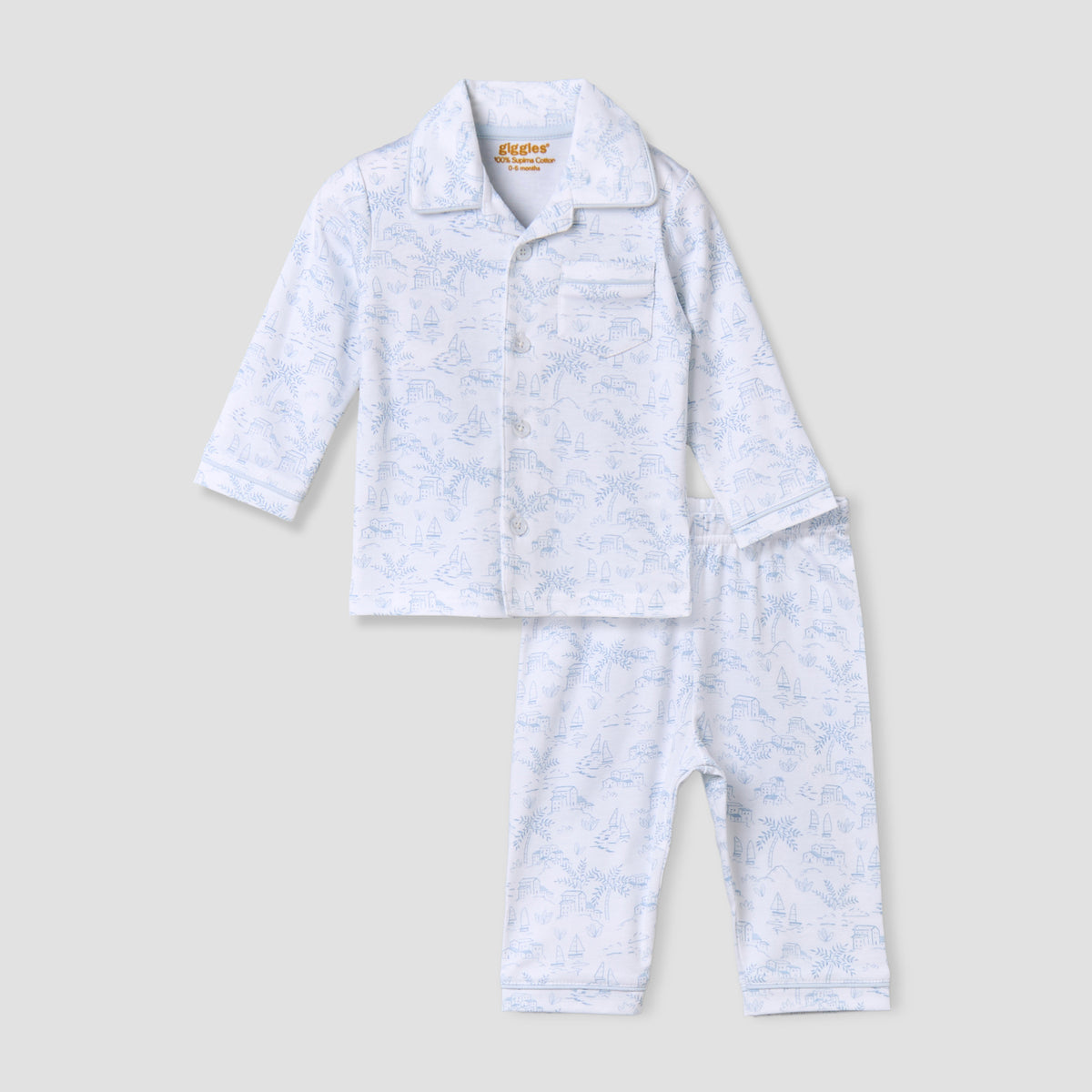 Giggles Cotton Collared Long Sleeves Pyjama Set with Print