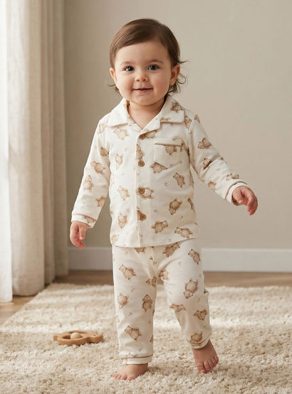 Giggles Cotton Collared Long Sleeves Pyjama Set with Teddy Bear Print-baby-boys-clothing-nightwear-pyjamasets-image-2