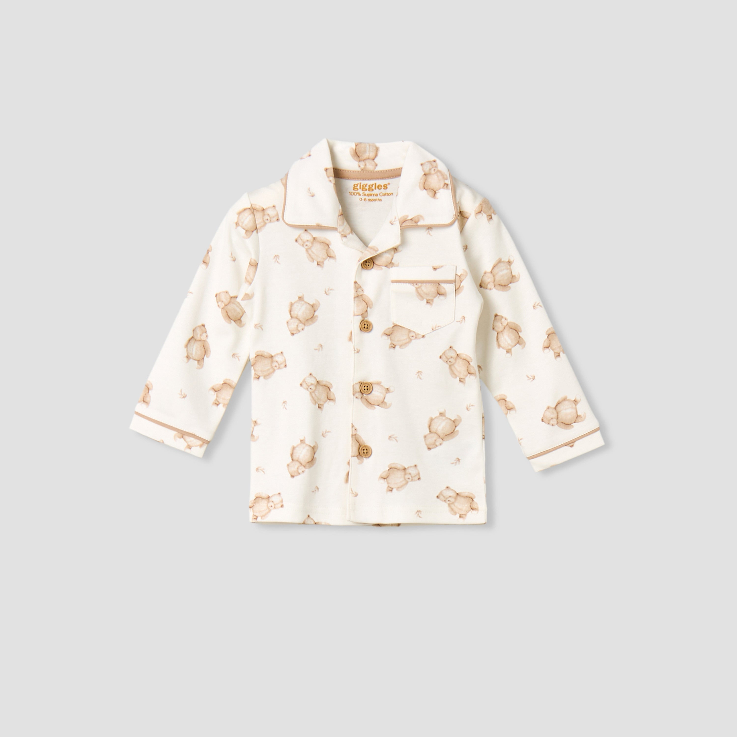 Giggles Cotton Collared Long Sleeves Pyjama Set with Teddy Bear Print