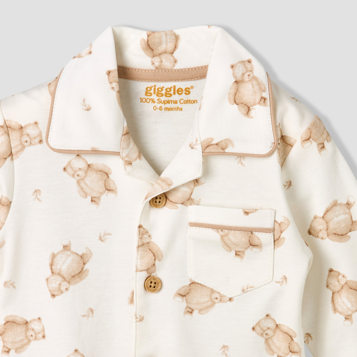 Giggles Cotton Collared Long Sleeves Pyjama Set with Teddy Bear Print