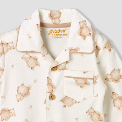 Giggles Cotton Collared Long Sleeves Pyjama Set with Teddy Bear Print