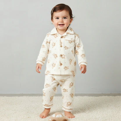 Giggles Cotton Collared Long Sleeves Pyjama Set with Teddy Bear Print - Beige / 18-24 mths