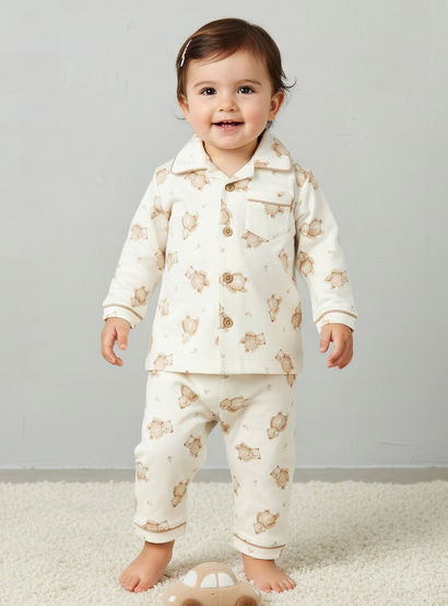 Giggles Cotton Collared Long Sleeves Pyjama Set with Teddy Bear Print-baby-boys-clothing-nightwear-pyjamasets-image-1