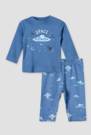 Juniors Cotton Round Neck Long Sleeves Pyjama Set with Space Print