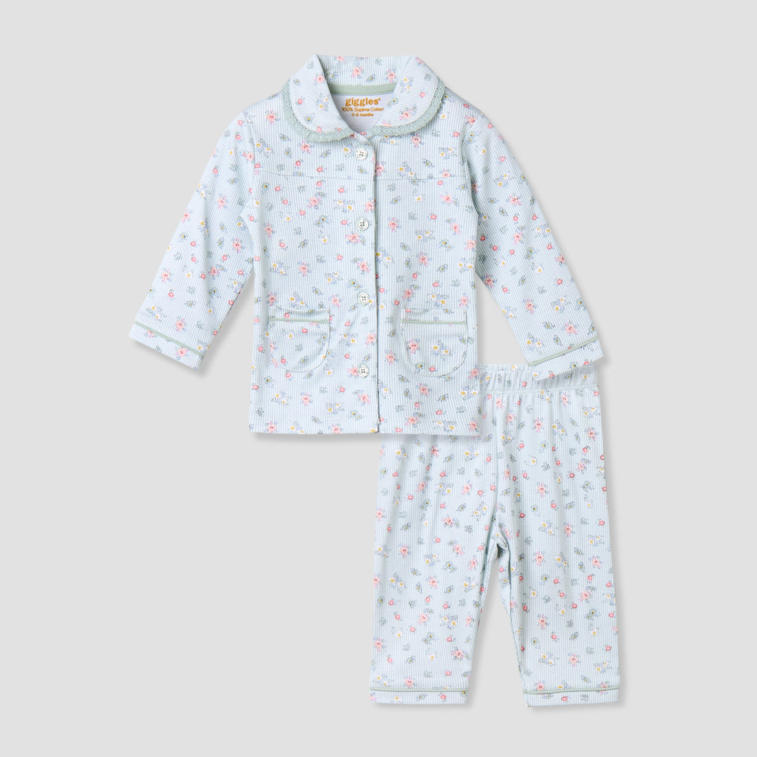Giggles Cotton Collared Long Sleeves Pyjama Set with Floral Print