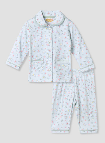 Giggles Cotton Collared Long Sleeves Pyjama Set with Floral Print-baby-girls-clothing-nightwear-pyjamasets-image-2