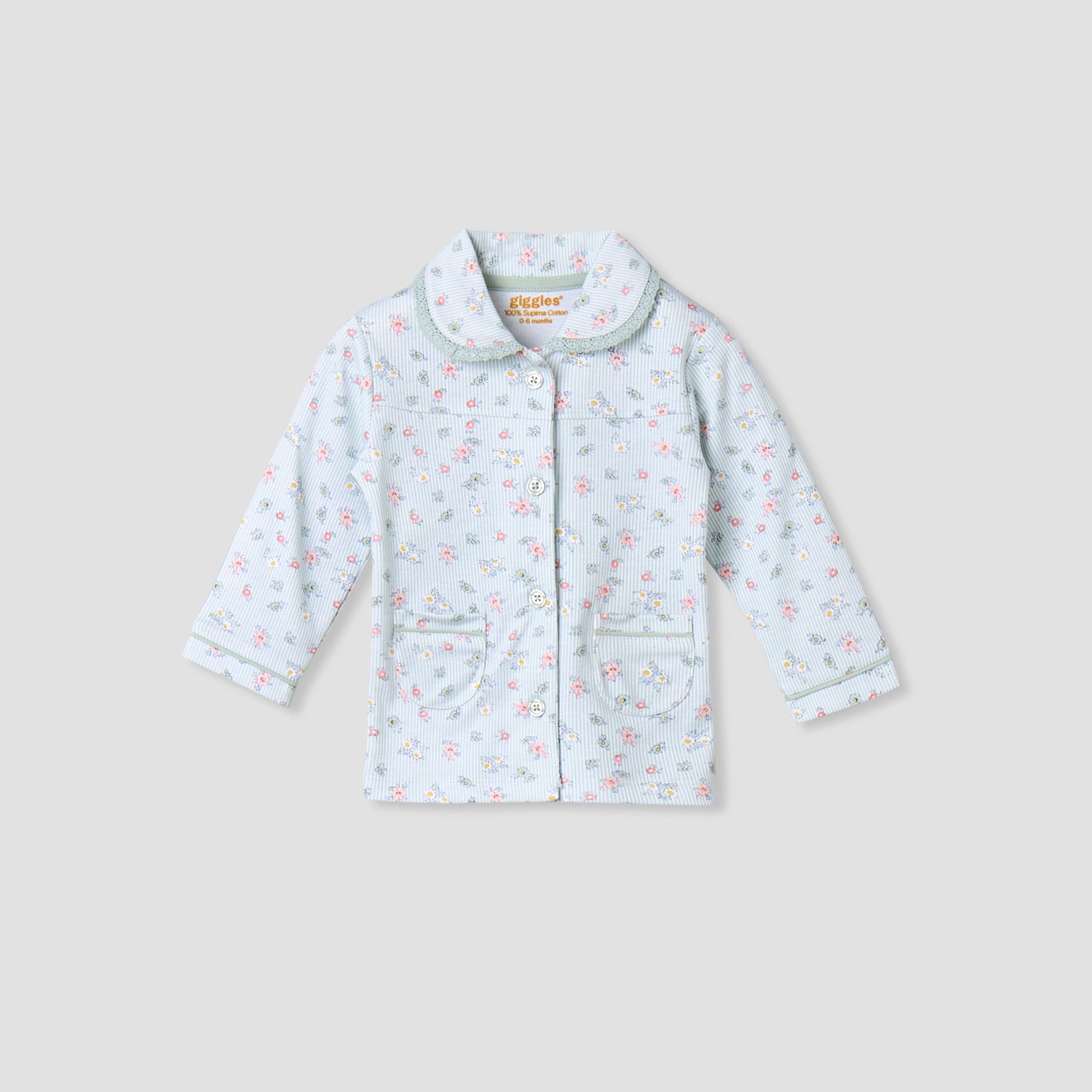 Giggles Cotton Collared Long Sleeves Pyjama Set with Floral Print