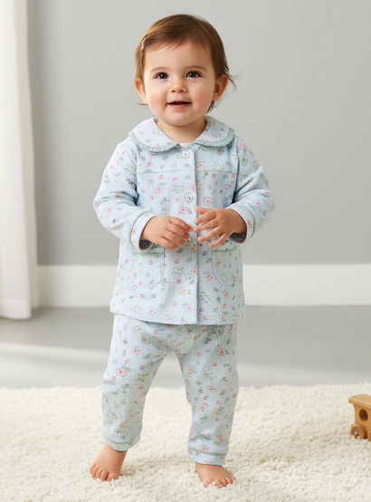 Giggles Cotton Collared Long Sleeves Pyjama Set with Floral Print-baby-girls-clothing-nightwear-pyjamasets-image-1