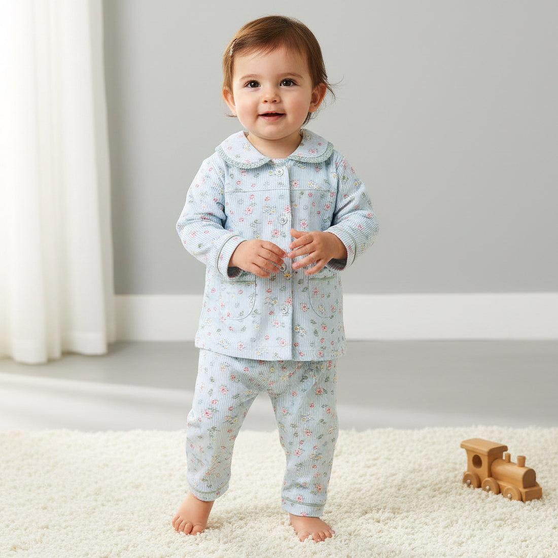 Giggles Cotton Collared Long Sleeves Pyjama Set with Floral Print - Green / 18-24 mths