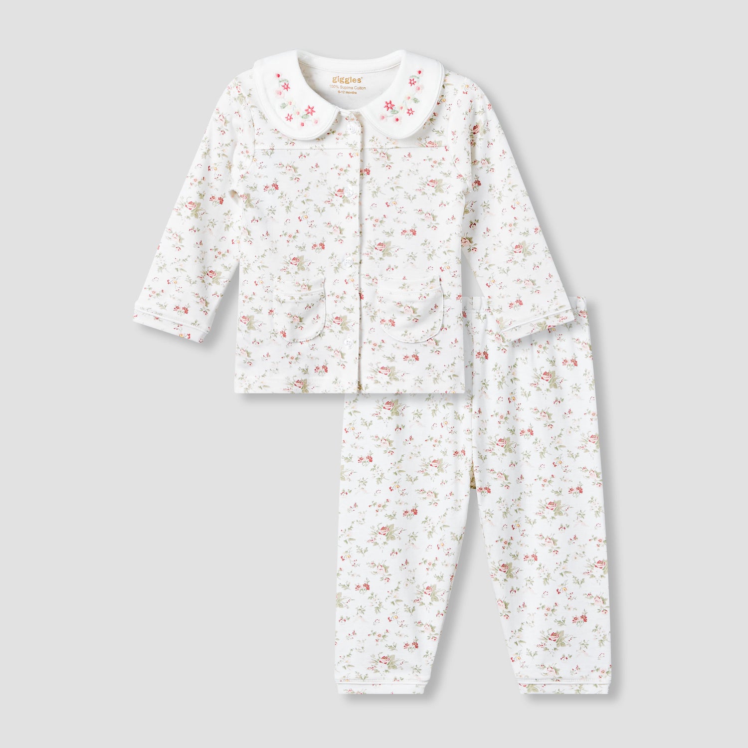 Giggles Cotton Peter Pan Collar Long Sleeves Pyjama Set with Floral Print - Multicolour / 12-18 mths