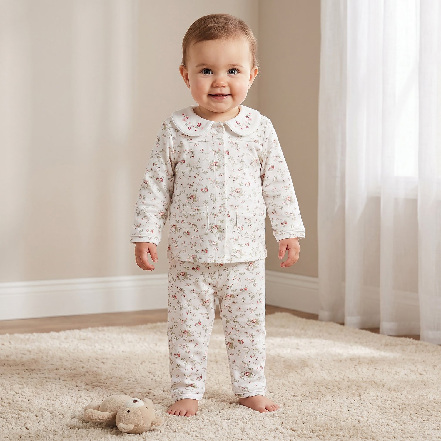 Giggles Cotton Peter Pan Collar Long Sleeves Pyjama Set with Floral Print - White / 18-24 mths