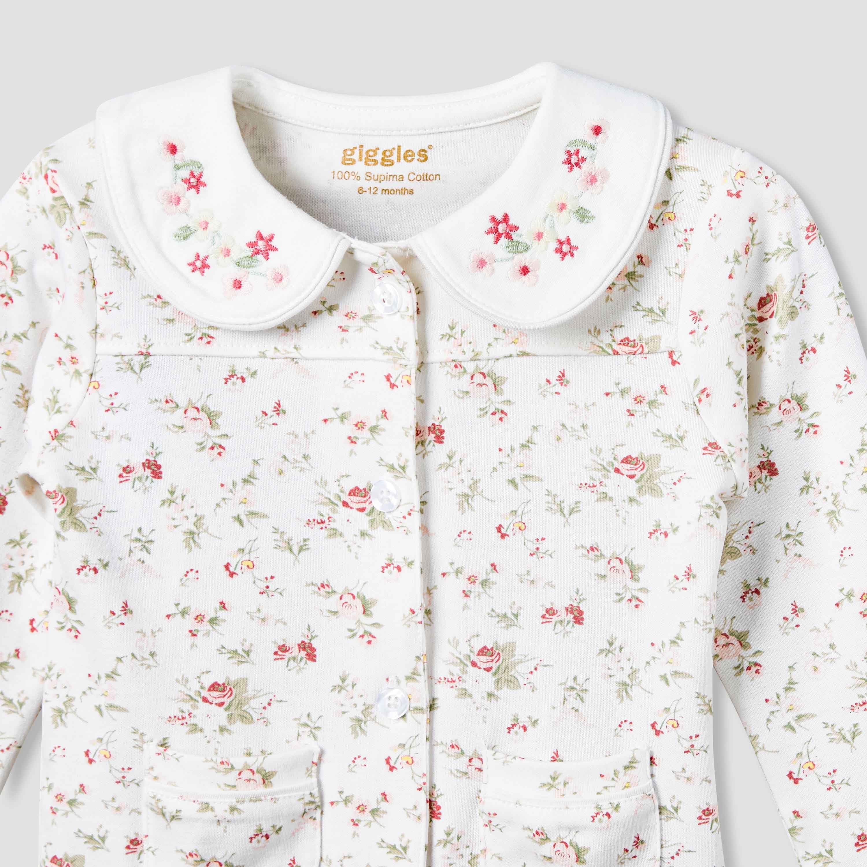 Giggles Cotton Peter Pan Collar Long Sleeves Pyjama Set with Floral Print