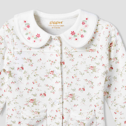 Giggles Cotton Peter Pan Collar Long Sleeves Pyjama Set with Floral Print