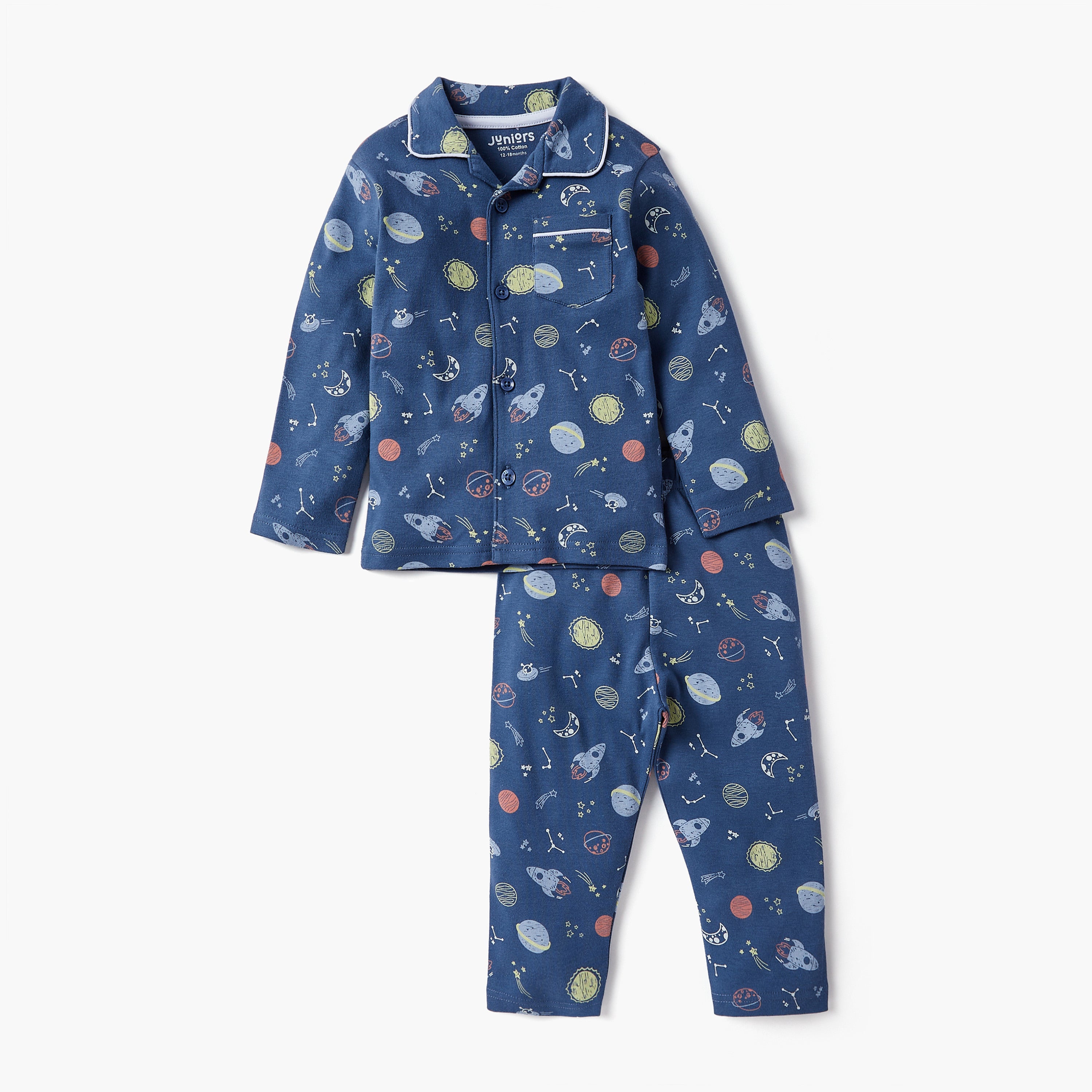 Juniors Space Print Long Sleeves Shirt and Pyjama Set - Blue / 12-18 mths