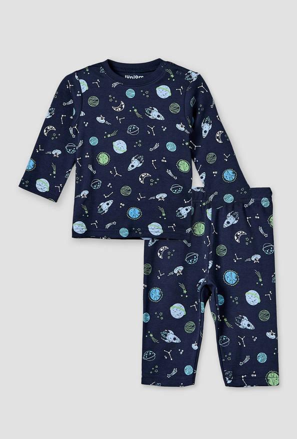 Juniors Cotton Round Neck Long Sleeves Pyjama Set with Space Print