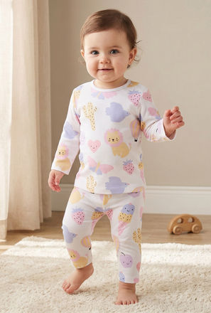 Juniors Cotton Crew Neck Long Sleeves Pyjama Set with Ice Cream Print