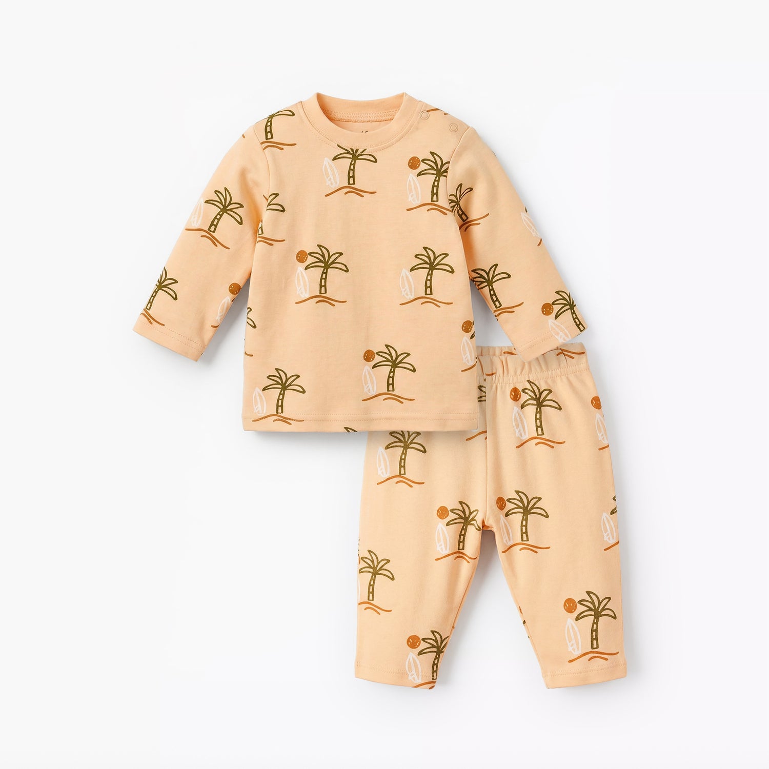 Juniors Cotton Round Neck Long Sleeves Pyjama Set with Palm Tree Print - Orange / 18-24 mths