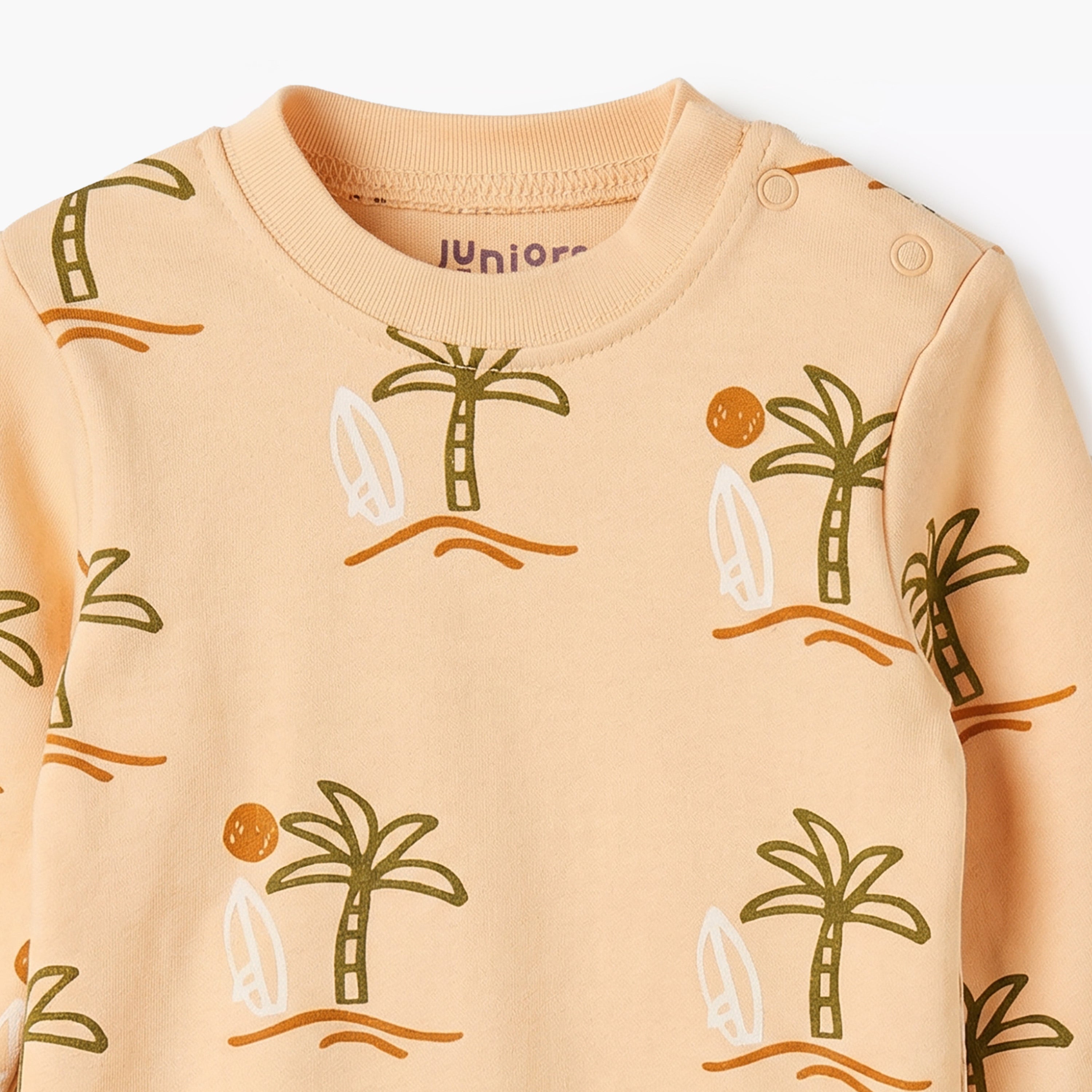 Juniors Cotton Round Neck Long Sleeves Pyjama Set with Palm Tree Print