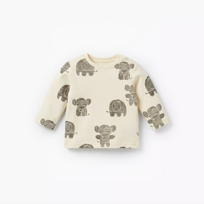 Juniors Cotton Round Neck Long Sleeves Pyjama Set with Elephant Print