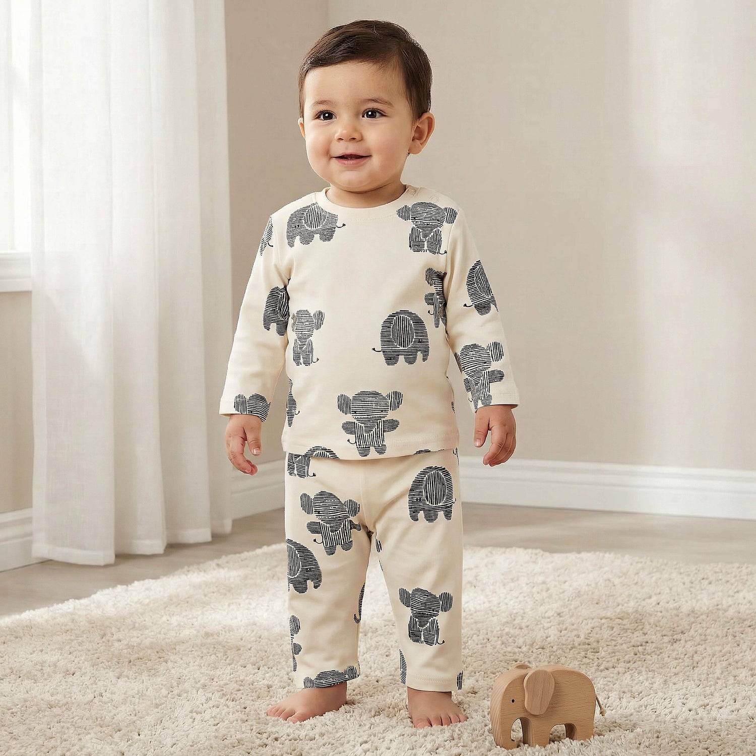 Juniors Cotton Round Neck Long Sleeves Pyjama Set with Elephant Print