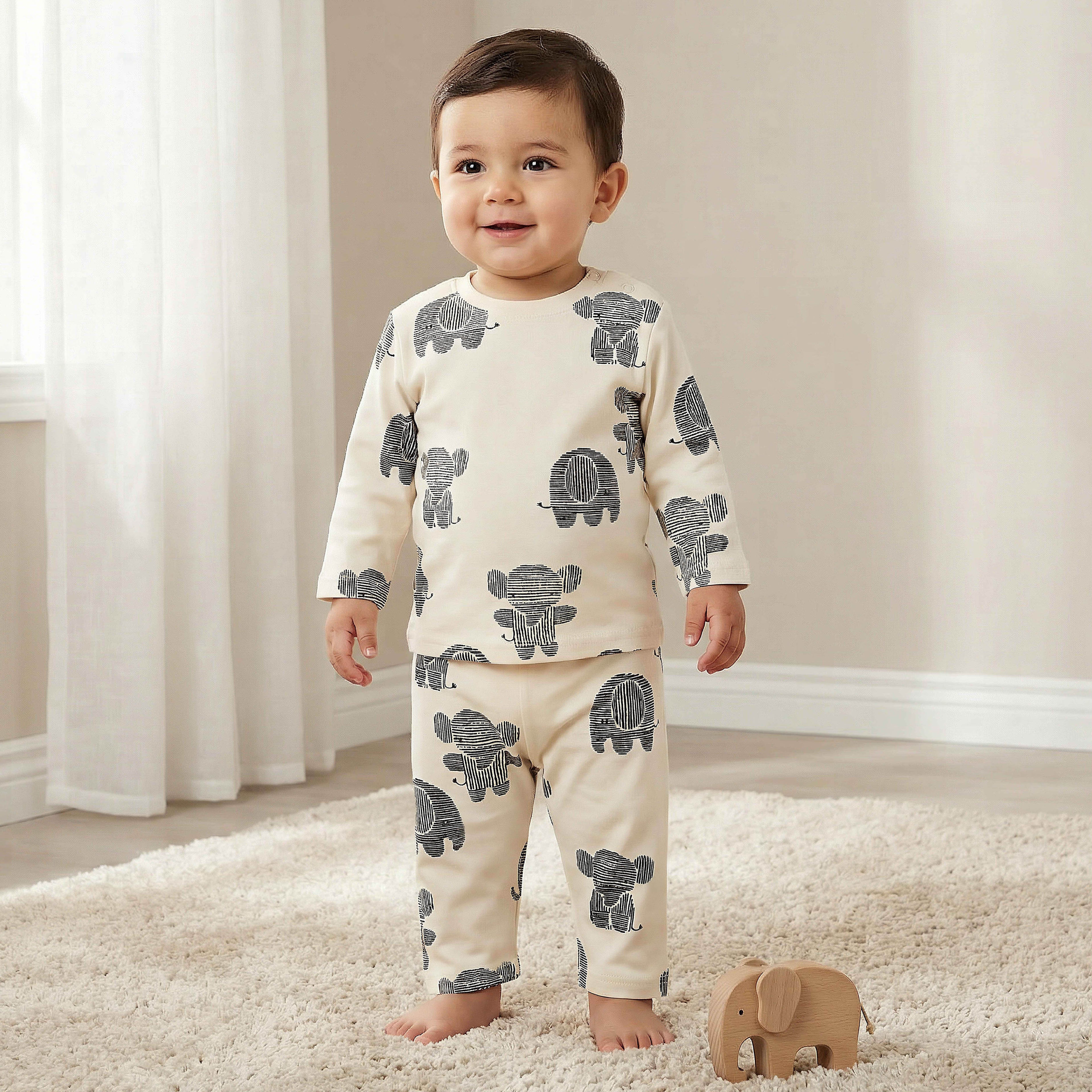 Juniors Cotton Round Neck Long Sleeves Pyjama Set with Elephant Print