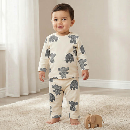 Juniors Cotton Round Neck Long Sleeves Pyjama Set with Elephant Print