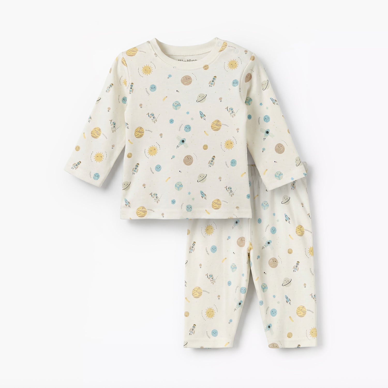 Juniors Cotton Round Neck Long Sleeves Pyjama Set with Space Print