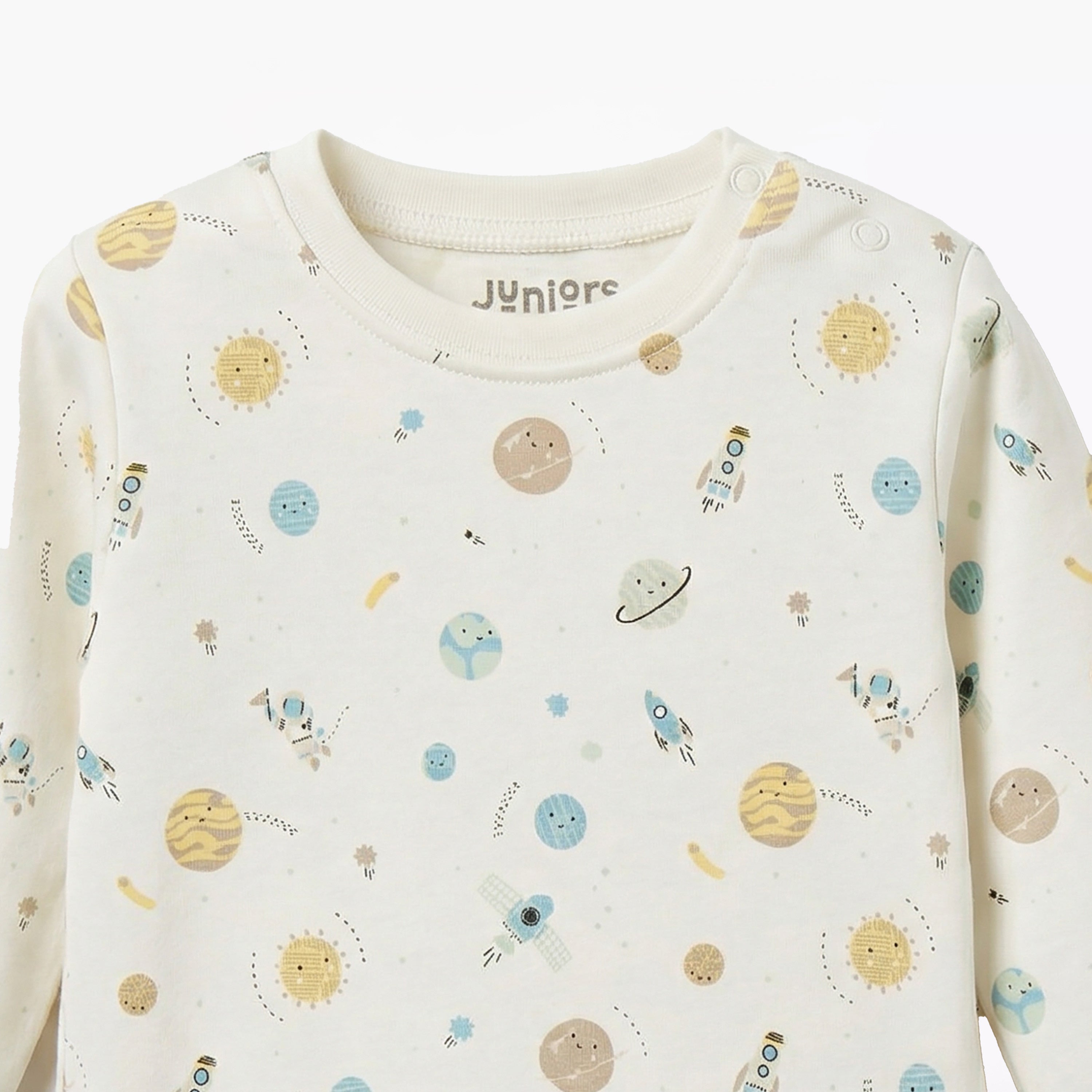 Juniors Cotton Round Neck Long Sleeves Pyjama Set with Space Print