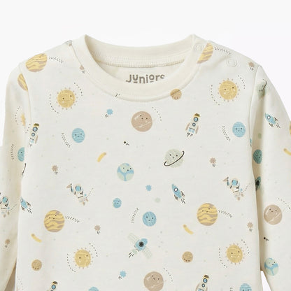 Juniors Cotton Round Neck Long Sleeves Pyjama Set with Space Print