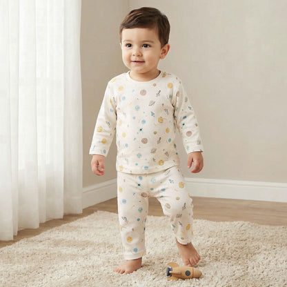 Juniors Cotton Round Neck Long Sleeves Pyjama Set with Space Print - Beige / 18-24 mths