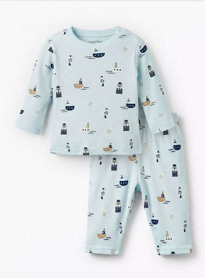 Juniors Cotton Round Neck Long Sleeves Pyjama Set with Nautical Print-baby-boys-clothing-nightwear-pyjamasets-image-2