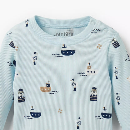 Juniors Cotton Round Neck Long Sleeves Pyjama Set with Nautical Print