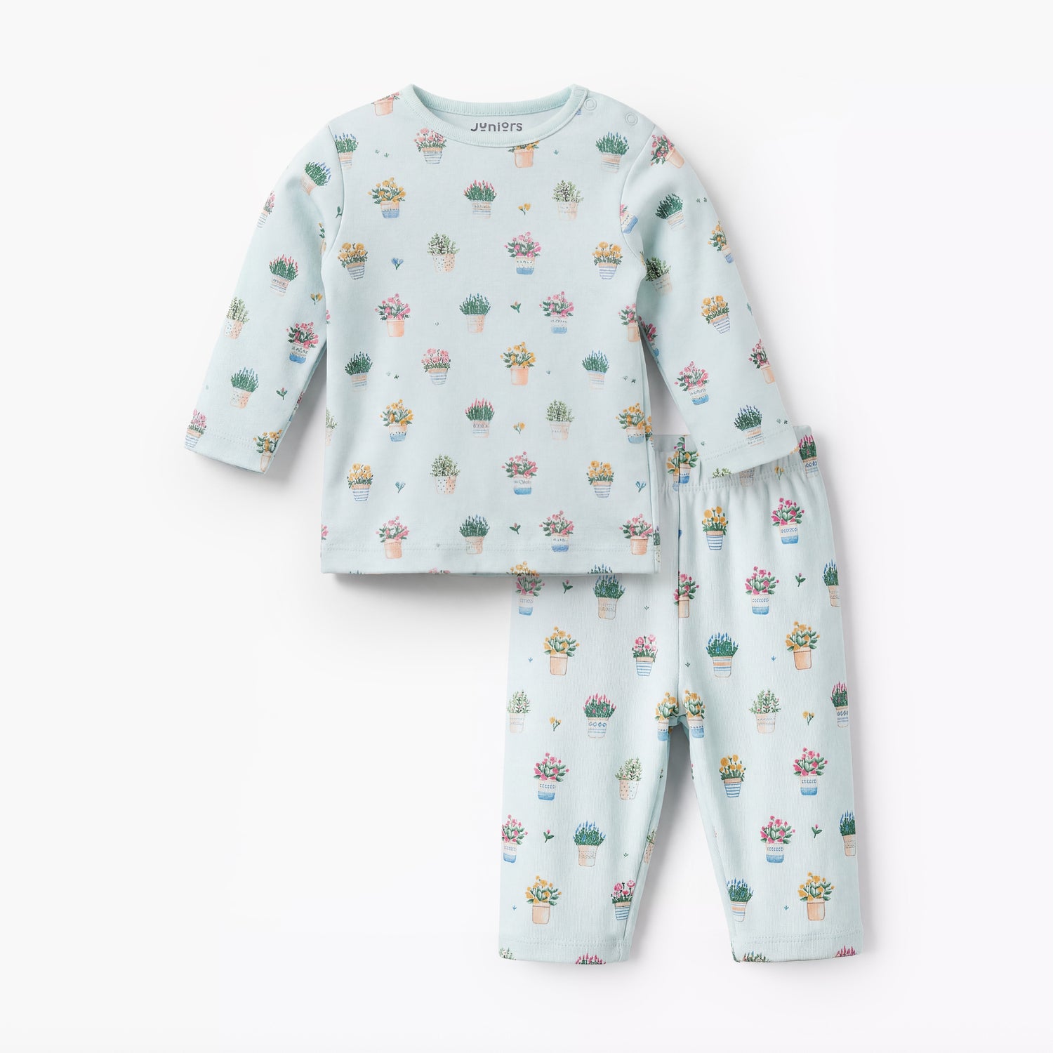 Juniors Cotton Round Neck Long Sleeves Pyjama Set with Flower Pot Print