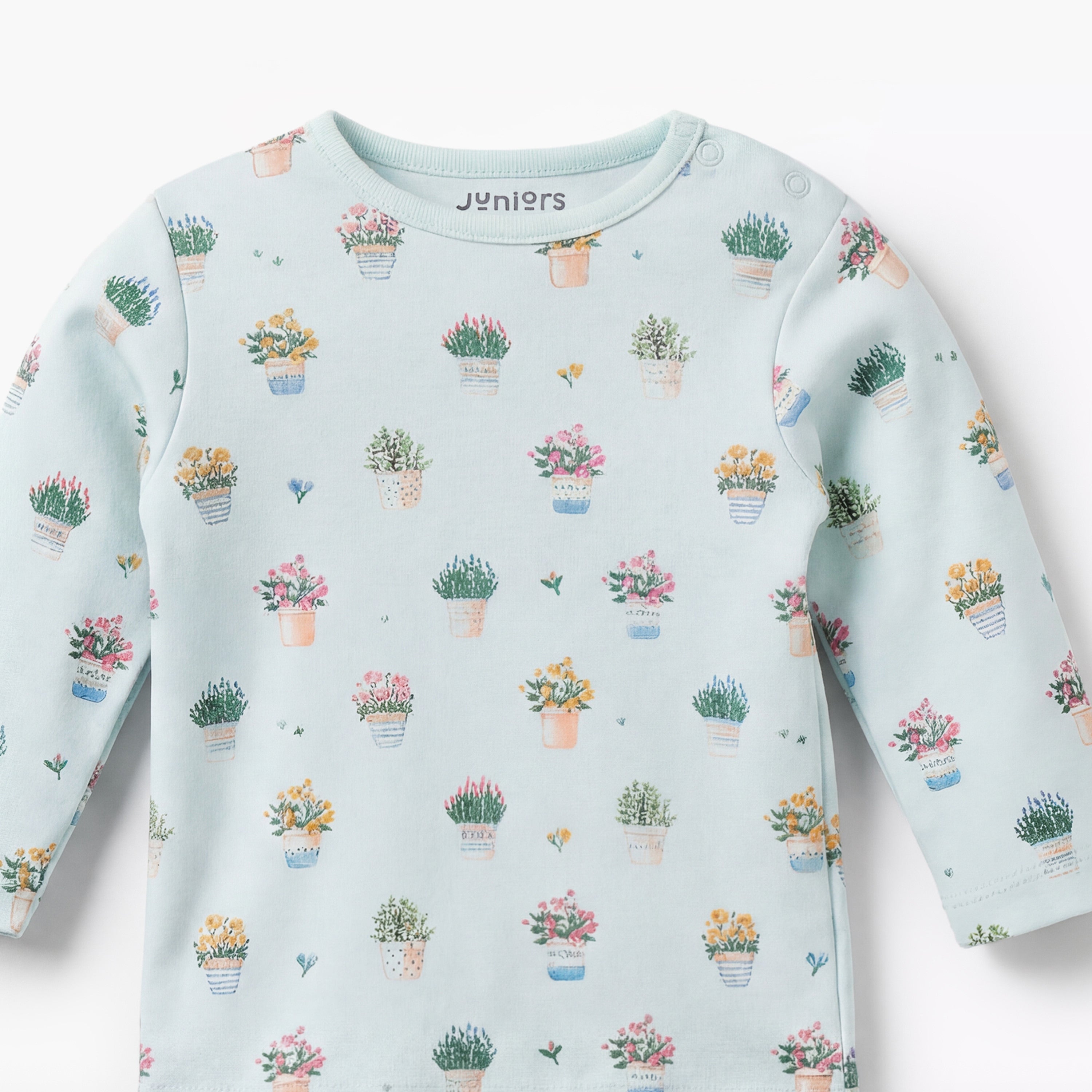 Juniors Cotton Round Neck Long Sleeves Pyjama Set with Flower Pot Print