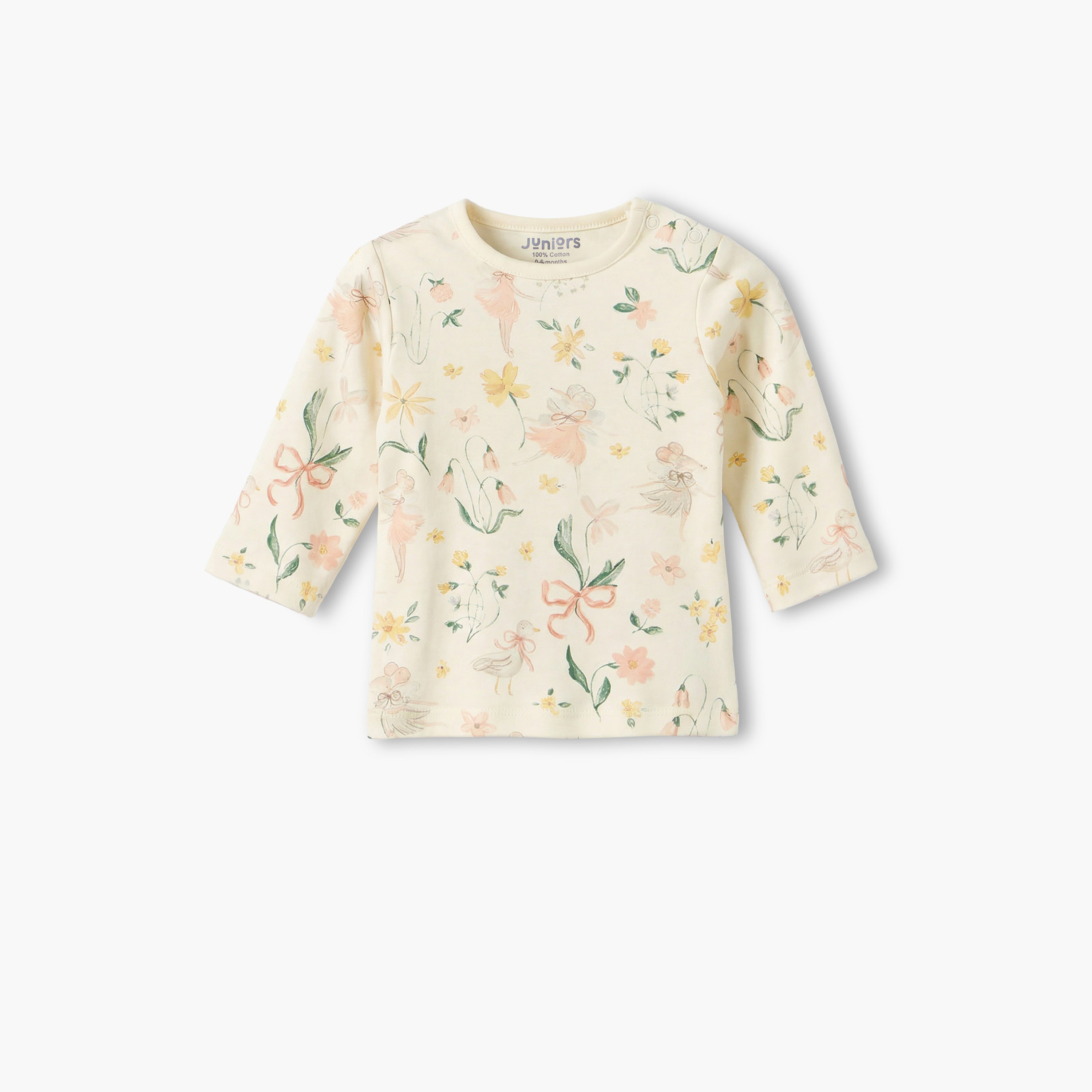 Juniors Cotton Round Neck Long Sleeves Pyjama Set with Botanical Print