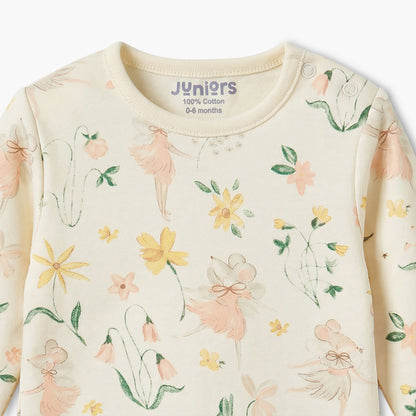Juniors Cotton Round Neck Long Sleeves Pyjama Set with Botanical Print