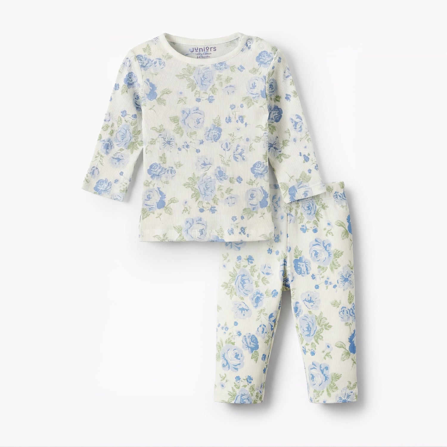 Juniors Cotton Round Neck Long Sleeves Pyjama Set with Floral Print - Blue / 18-24 mths
