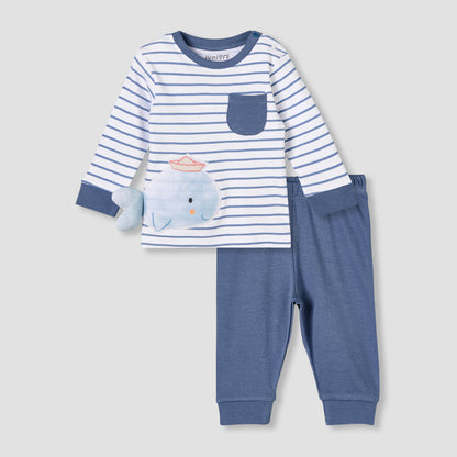 Juniors Cotton Round Neck Long Sleeve Pyjama Set with Print - Blue / 12-18 mths