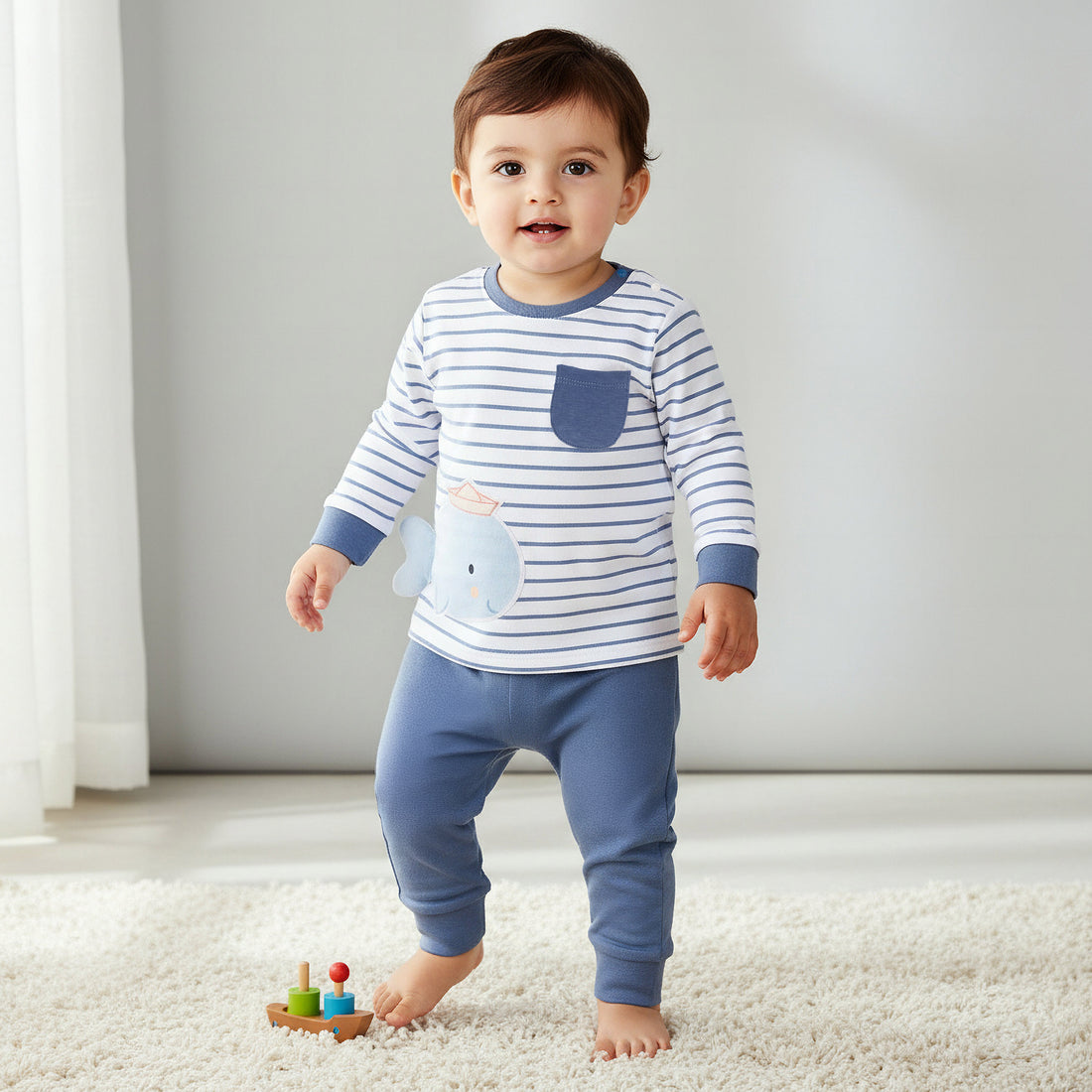 Juniors Cotton Round Neck Long Sleeve Pyjama Set with Print - Blue / 18-24 mths