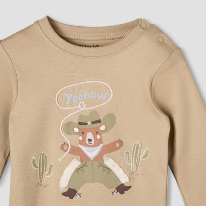 Juniors Cotton Round Neck Long Sleeves Pyjama Set with Bear Print